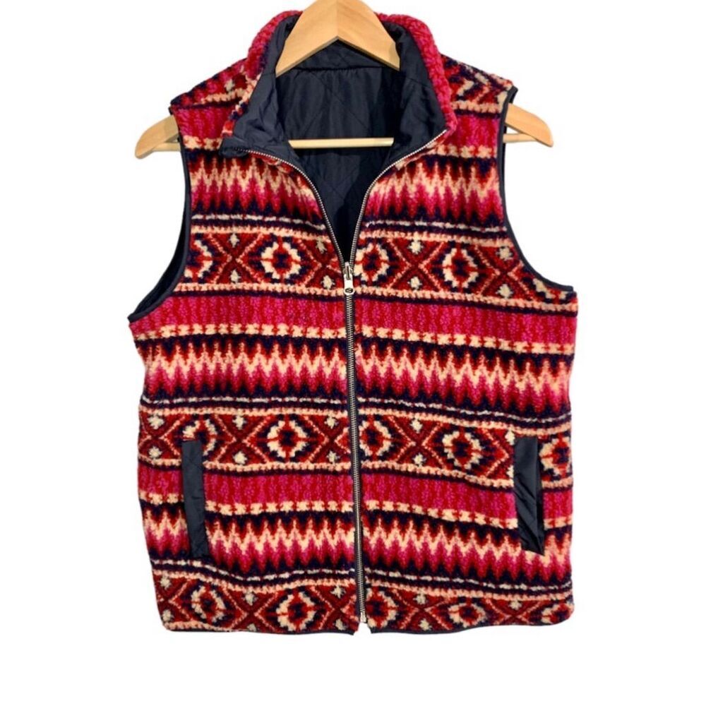 Entro Blue Fleece Quilted Vest Women's M Reversible Casual Red Aztec Cozy Sherpa